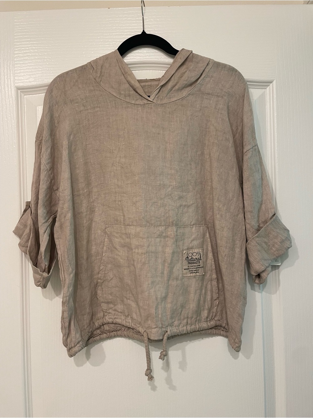 100% Pure Italian Linen Light Beige Hoodie with Front Pocket